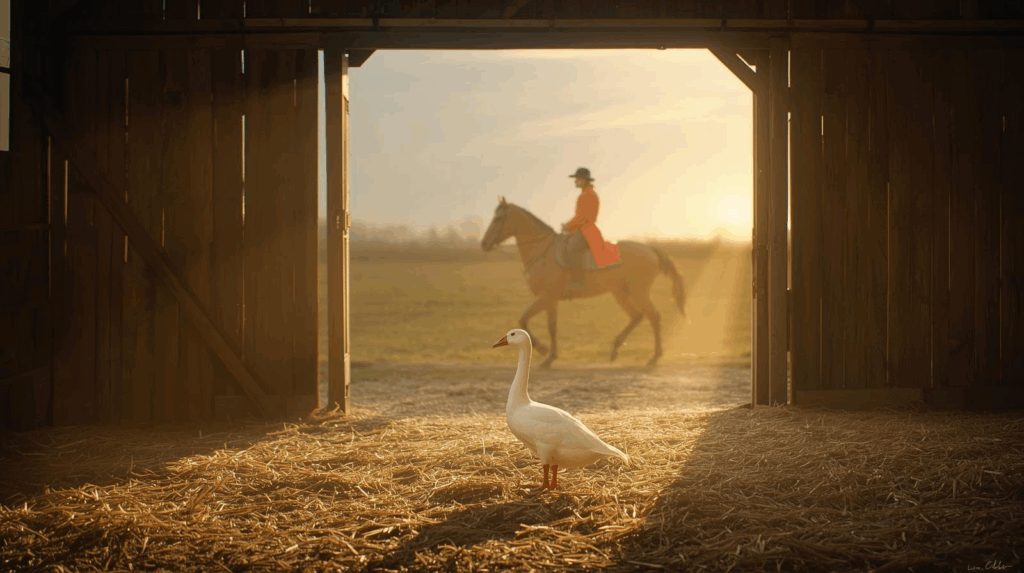 Eine weiße Gans steht im offenen Stall, durch die Tür fällt warmes Abendlicht. Draußen, leicht unscharf im Hintergrund, sieht man einen Reiter mit rotem Mantel und Pferd, der gerade vorbeikommt. Stroh liegt am Boden, Lichtstrahlen fallen durch die Ritzen der Holzwände. Die Stimmung ist poetisch, ruhig und leicht humorvoll, als würde die Gans neugierig den Fremden beobachten. Warmes, goldenes Licht, realistischer, leicht malerischer Stil, kein Text im Bild.