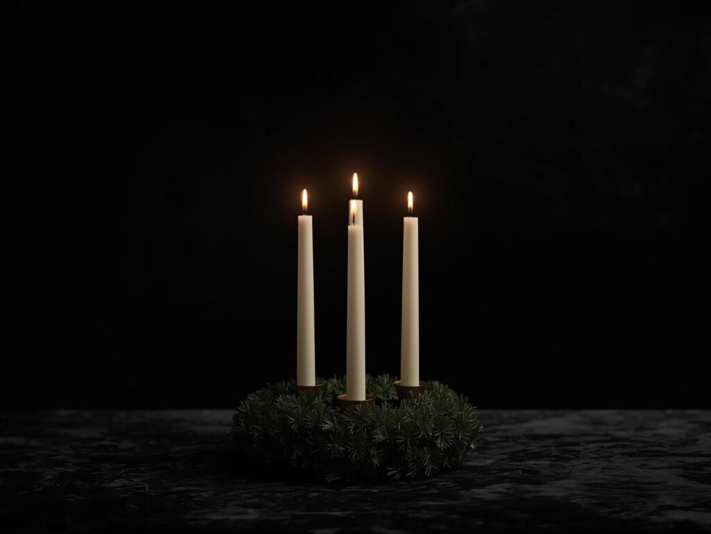 vier Kerzen in einem Kranz aus grünen Zweigen
